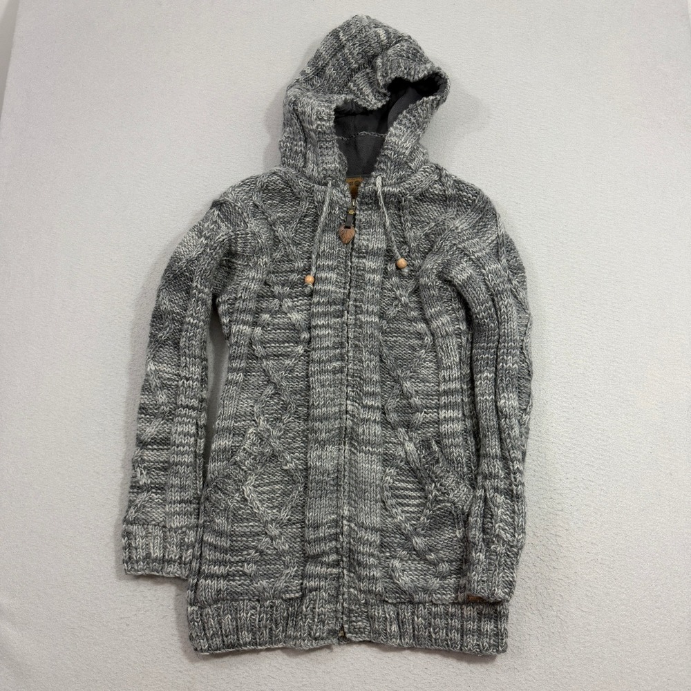 Laundromat Sweater Jacket Women Medium Gray Wool Fleece Lined Hooded Cable Knit